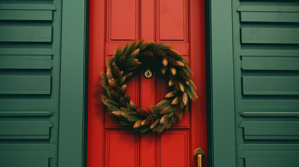 Wall Mural - Christmas wreath with Christmas ornaments on a vivid red door