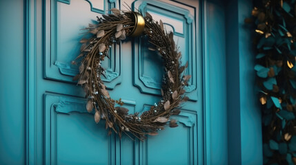 Wall Mural - Christmas wreath with Christmas ornaments on a vivid cyan door