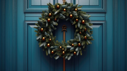 Wall Mural - Christmas wreath with Christmas ornaments on a vivid blue door