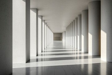 Wall Mural - A long hallway lined with white pillars casting shadows on the floor.