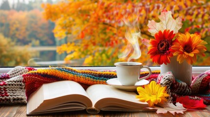 Wall Mural - an open book, a warm blanket, and a steaming cup of coffee