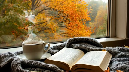 Wall Mural - an open book and a steaming coffee cup on a plush blanket