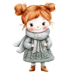 Canvas Print - Cute watercolor illustration of a little girl with red hair and a cozy sweater.