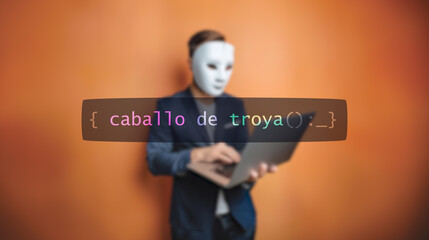 Wall Mural - Cybersecurity concept caballo de troya on foreground screen, hacker silhouette hidden with low poly style mask. Vulnerability and attack on colored code editor. Text in Spanish, Spanish text