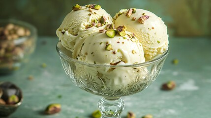 Poster - Three scoops of pistachio ice cream in a glass bowl.