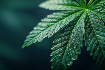 Wall Mural - Dew-Covered Green Leaf with Veins and Droplets