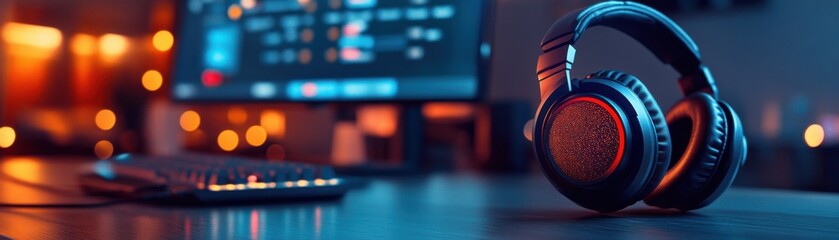 Stylish headphones on a desk with a glowing computer screen in the background, vibrant ambient lighting.