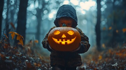 A young boy holds a glowing jack-o'-lantern in a misty forest setting.