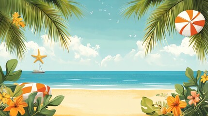 A serene beach scene with vibrant flowers, sun hats, and calm waters under a clear sky, perfect for summer relaxation.