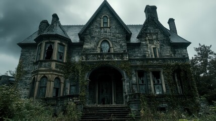 Sticker - Abandoned Stone Mansion with Overgrown Ivy and Broken Windows