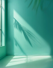 Wall Mural - abstract turquoise studio background for product presentation. empty blue room with shadows of windo
