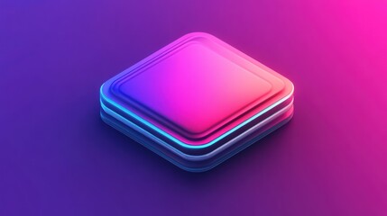 Abstract geometric shape with neon gradient glow on a purple background.