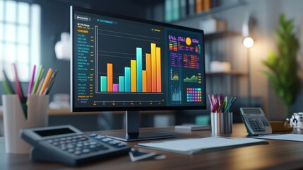 Leinwandbilder - A close-up of a desktop monitor displaying a 3D financial bar graph with various colors, highlighting key performance indicators, surrounded by office tools like a calculator and notepad.