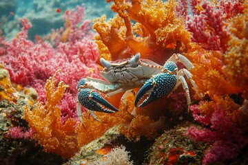 Wall Mural - A Close-Up of a Spotted Crab in Coral Reef