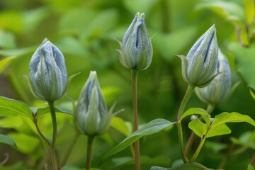 Wall Mural - Large flowered clematis Blue Angel buds against green foliage backdrop