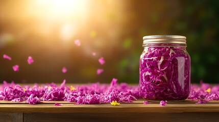 A jar of vibrant purple sauerkraut fermenting on a rustic wooden shelf