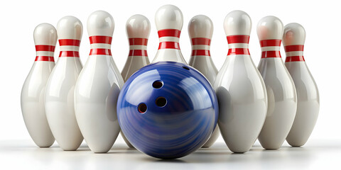 Bowling ball striking bowling pins set isolated on white background, Strike, Hit, Impact, Bowling, Pins, Skittles, Alley, Sport