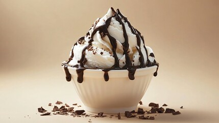 Sticker - Vanilla ice cream with chocolate sauce and shavings in a bowl on a beige background.