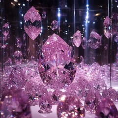 A pile of pink diamond are placed in the glass exhibition hall, large and small,Light refracting under pink diamond，The refracted light creates a dreamlike effect.     It's a delicacy and sparkle.