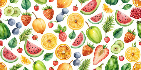 Seamless watercolor fruit pattern on a white background, perfect for summer-themed projects, watercolor, fruit, pattern, seamless