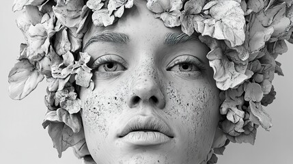 Poster - Floral Crown Portrait: A Monochromatic Study of Beauty