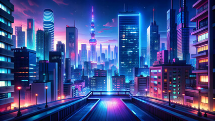 Wall Mural - Illuminated anime cityscape with vibrant nighttime radiance in neo-crisp , Anime, cityscape, nighttime, radiance