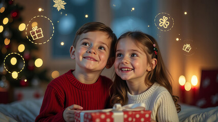 Photo portrait of two children dreaming about gifts, festive Christmas background with blurred garland lights