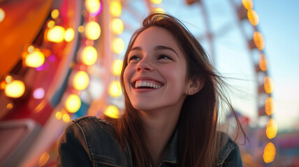 Wall Mural - A smiling woman with long hair is standing in front of a carousel