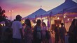 © VK Studio - A bustling evening market with vibrant stalls and illuminated tents under a colorful sunset sky, creating a lively community atmosphere.