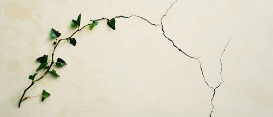 Canvas Print - A green ivy vine contrasts against a cracked, neutral wall background, symbolizing resilience and nature's reclaiming of space.