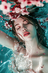 Wall Mural - Woman Floating Gracefully Underwater Surrounded by Cherry Blossoms and Petals