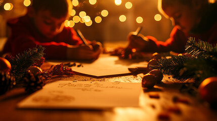 Two children focused on writing letters during a cozy holiday setting, with warm lights and festive decorations adding to the atmosphere of creativity and joy.