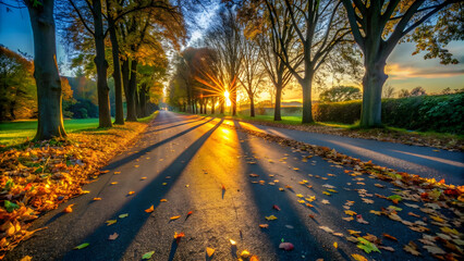 Wall Mural - Twilight scene on the roadside with long shadows among leaves, twilight, roadside, soft glow, warm embrace, shadows, dance