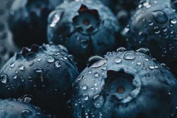 Poster - Close-up of ripe, fresh blueberries covered in water droplets, highlighting their rich blue color and natural appeal.