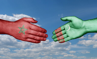 Turkmenistan and Morocco country handshaking with flags, consensus concept international co-operation illustration