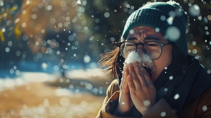 A young woman in a winter hat and glasses sneezes as snowflakes fall around her, capturing the brisk and playful essence of winter.