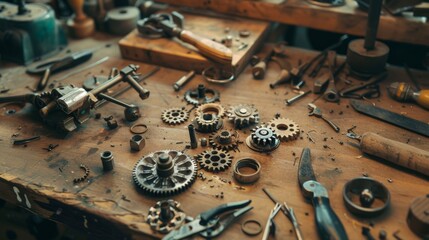 Wall Mural - A rustic workshop table cluttered with gears, tools, and vintage machinery parts showcases the hands-on craft of an artisan's labor.