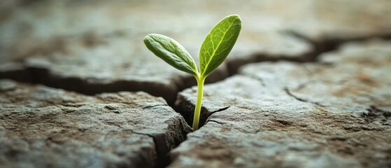 Wall Mural - A small green sprout emerges from a cracked surface, symbolizing resilience and growth in harsh conditions.