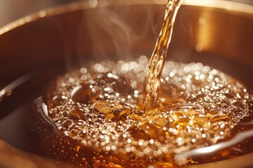 Wall Mural - Close-up of Amber Liquid Pouring into a Bowl, Creating Bubbles and Steam