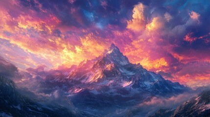 Wall Mural - Majestic Mountain Peak with Vivid Sunset Sky