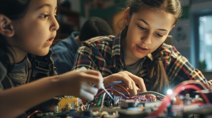 Two young girls engage in a hands-on STEM project, deeply focused on building a circuit board, symbolizing curiosity and teamwork in a creative learning environment.