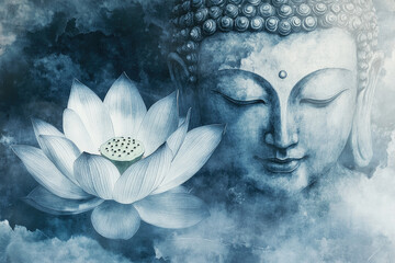 a serene buddha face surrounded by soft, glowing lotus flowers in shades of blue and white, symboliz