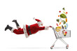 © Ljupco Smokovski - Santa claus flaying and holding a shopping cart with groceries falling inside