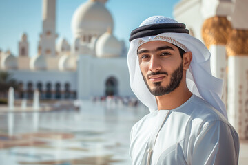 A man wearing a white shirt and a white scarf is smiling in front of a building