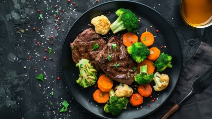 Wall Mural - A beautifully plated meal featuring a juicy beef steak, vibrant carrots, broccoli, and cauliflower, all perfectly cooked and garnished for a mouth-watering presentation.