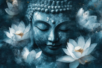 A serene Buddha face surrounded by soft, glowing lotus flowers in shades of blue and white, symbolizing enlightenment and spiritual wonder