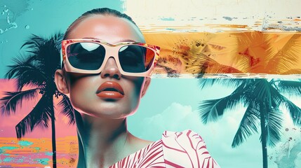 Chic summer mood board with a stylish woman in oversized sunglasses, featuring vintage cut-and-paste palm trees and vibrant abstract elements