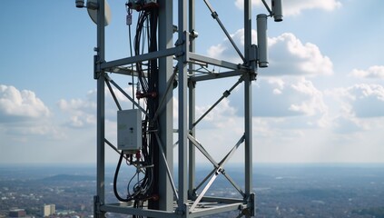 Telecom tower unites global networks through intricate lines  nodes epitomizes connectivity tech power