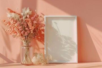 Wall Mural - A white frame with a vase of flowers sits on a table