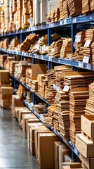 Cardboard Boxes Stacked On Shelves In Warehouse.